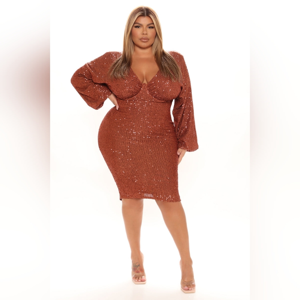 Fashion Nova Kiss Me Under The Moon Sequin Midi Dress - Rust Size 2x
